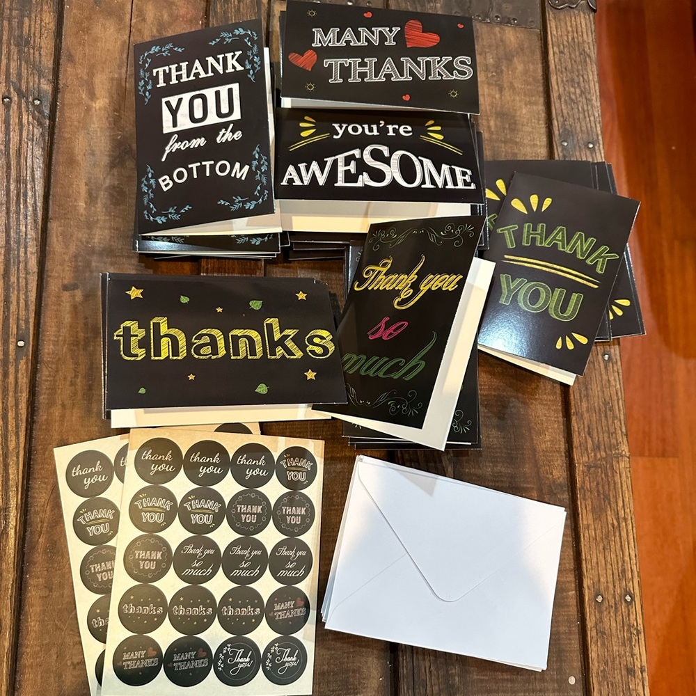 36 thank you greeting cards with envelopes & stickers chalkboard style NEW